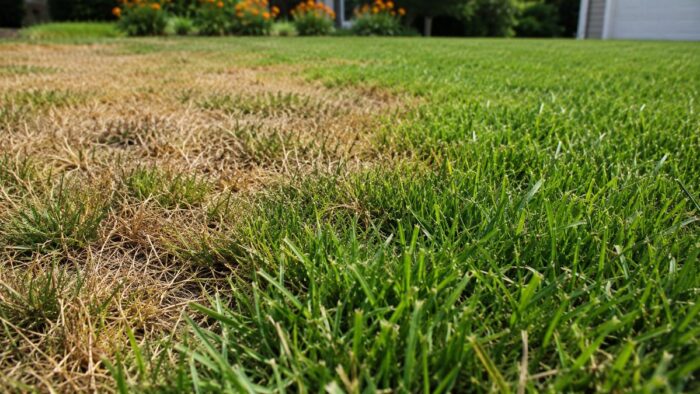 A home lawn with an irregular patch of yellow-brown grass spreading into healthy green turf, a sign of chinch bug damage.