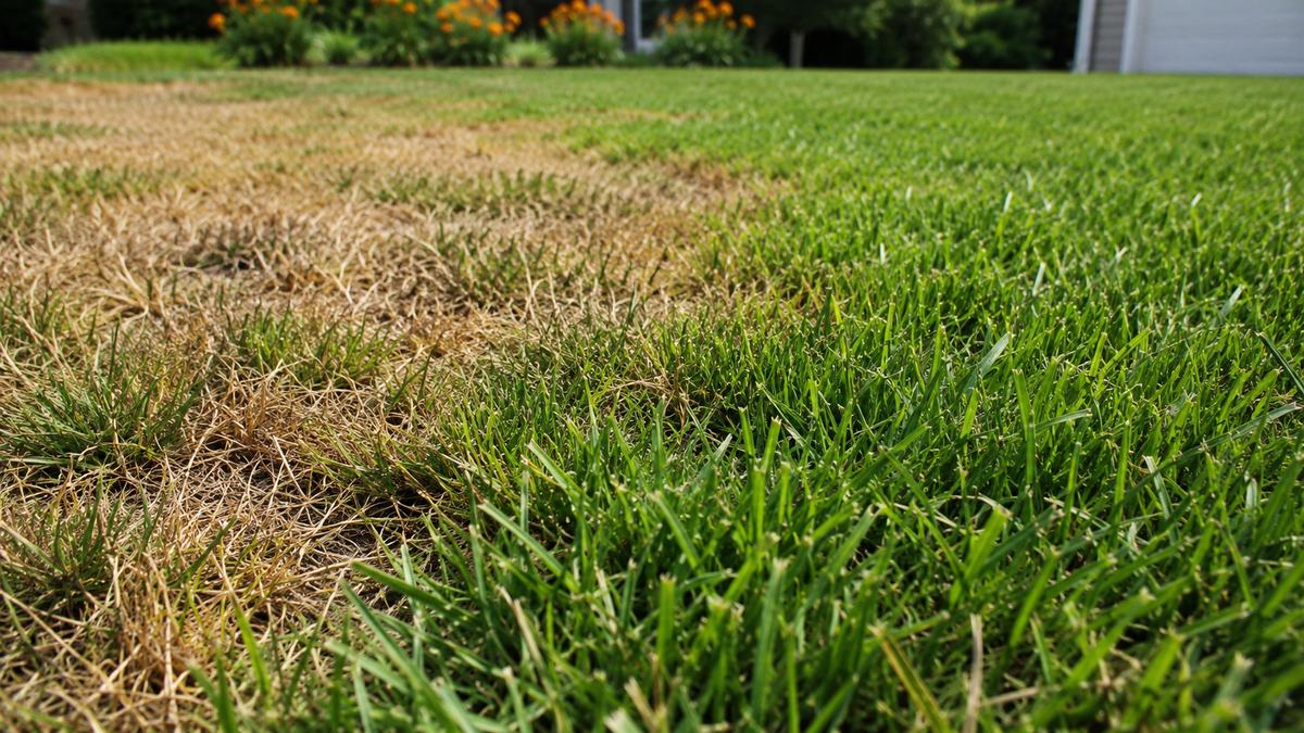 A home lawn with an irregular patch of yellow-brown grass spreading into healthy green turf, a sign of chinch bug damage.