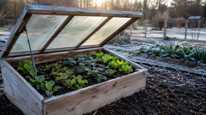 A wooden cold frame with its clear lid propped open, holding seedlings on a frosty spring morning in a cold-climate garden.