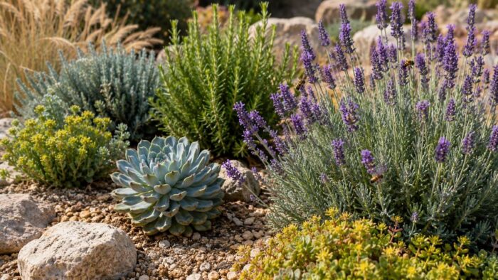 A sunny garden bed of drought-tolerant plants including lavender, succulents, and ornamental grasses in gritty, well-drained soil.