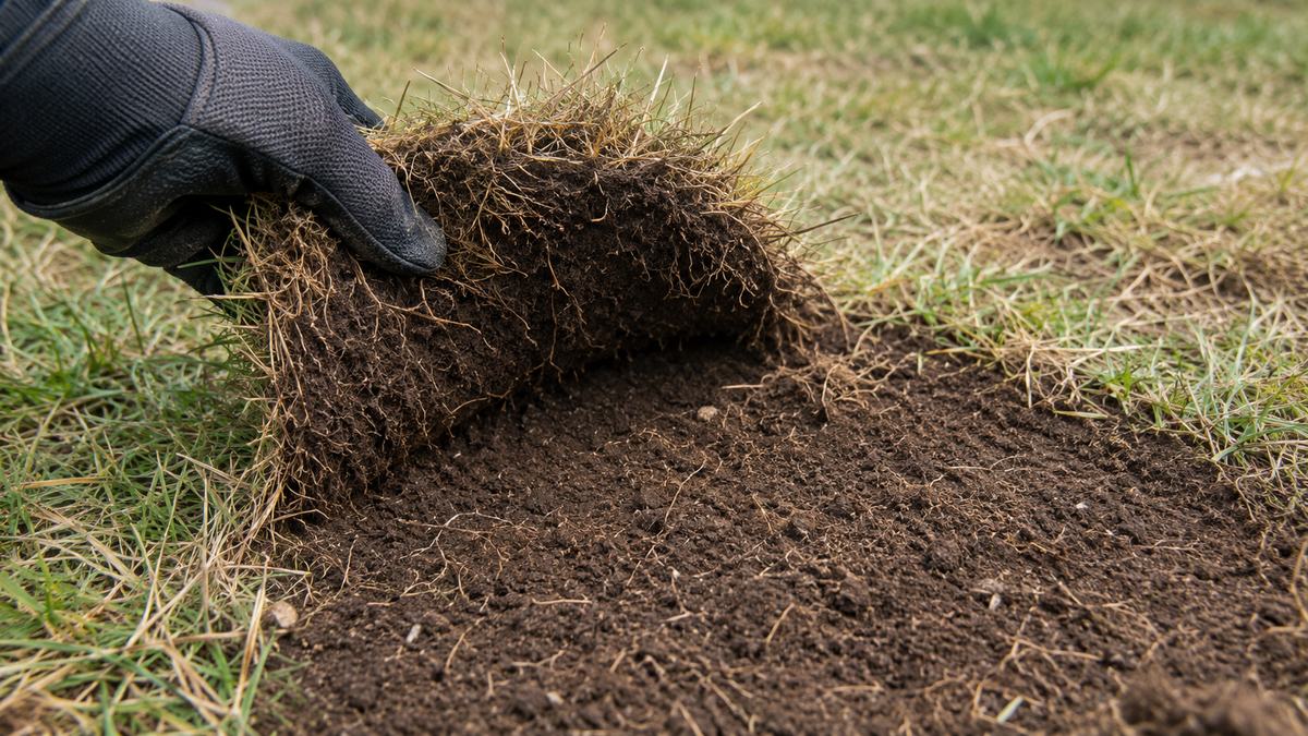 A gloved hand peeling back a loose flap of lawn turf to reveal the soil and root zone beneath, illustrating grub damage.