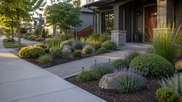 A tidy low-maintenance front yard with mulched beds of hardy shrubs and grasses, a clean path, and minimal lawn in afternoon light.