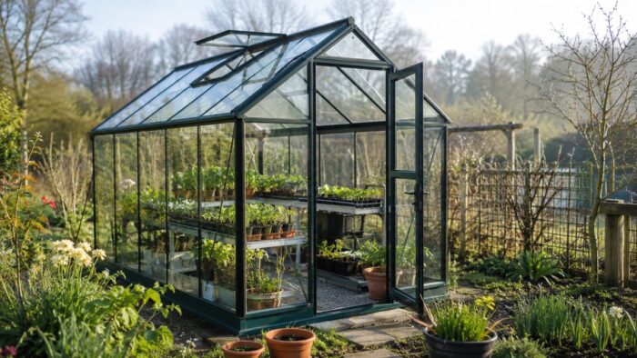 A small backyard greenhouse with open roof vent and door, holding seed trays and young plants on staging benches in morning light.
