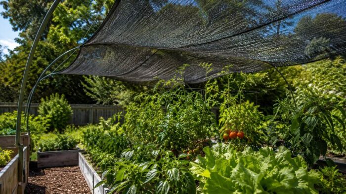 Shade cloth suspended on a frame above raised vegetable beds, casting dappled shade over tomatoes and leafy greens in summer.