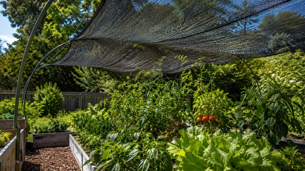 Shade cloth suspended on a frame above raised vegetable beds, casting dappled shade over tomatoes and leafy greens in summer.