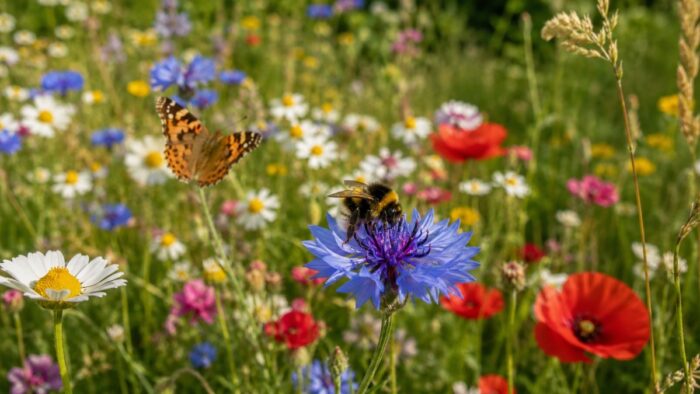 A blooming home wildflower meadow of cornflowers, poppies, and daisies with bees and a butterfly visiting the flowers.