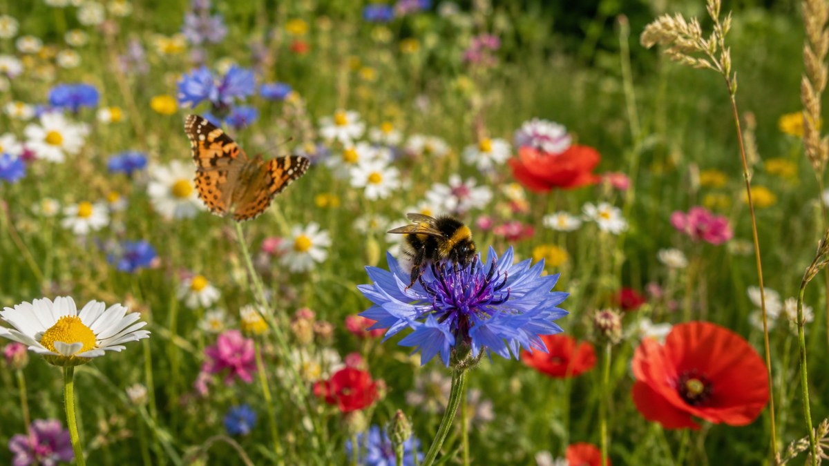 A blooming home wildflower meadow of cornflowers, poppies, and daisies with bees and a butterfly visiting the flowers.