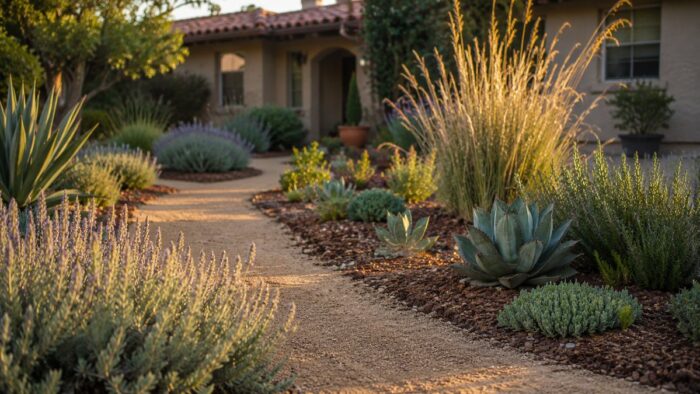 A low-water xeriscape garden with gravel paths, ornamental grasses, and drought-tolerant plants in warm afternoon light.